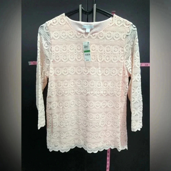 Charter Club Lace Overlay,scalloped hem & cuffs,lined long sleeve boatneck,blush - Picture 1 of 8